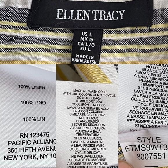 ELLEN TRACY Linen Striped Short Roll Sleeve Tie Front Shirt Blouse Blue Yellow L - Picture 6 of 6